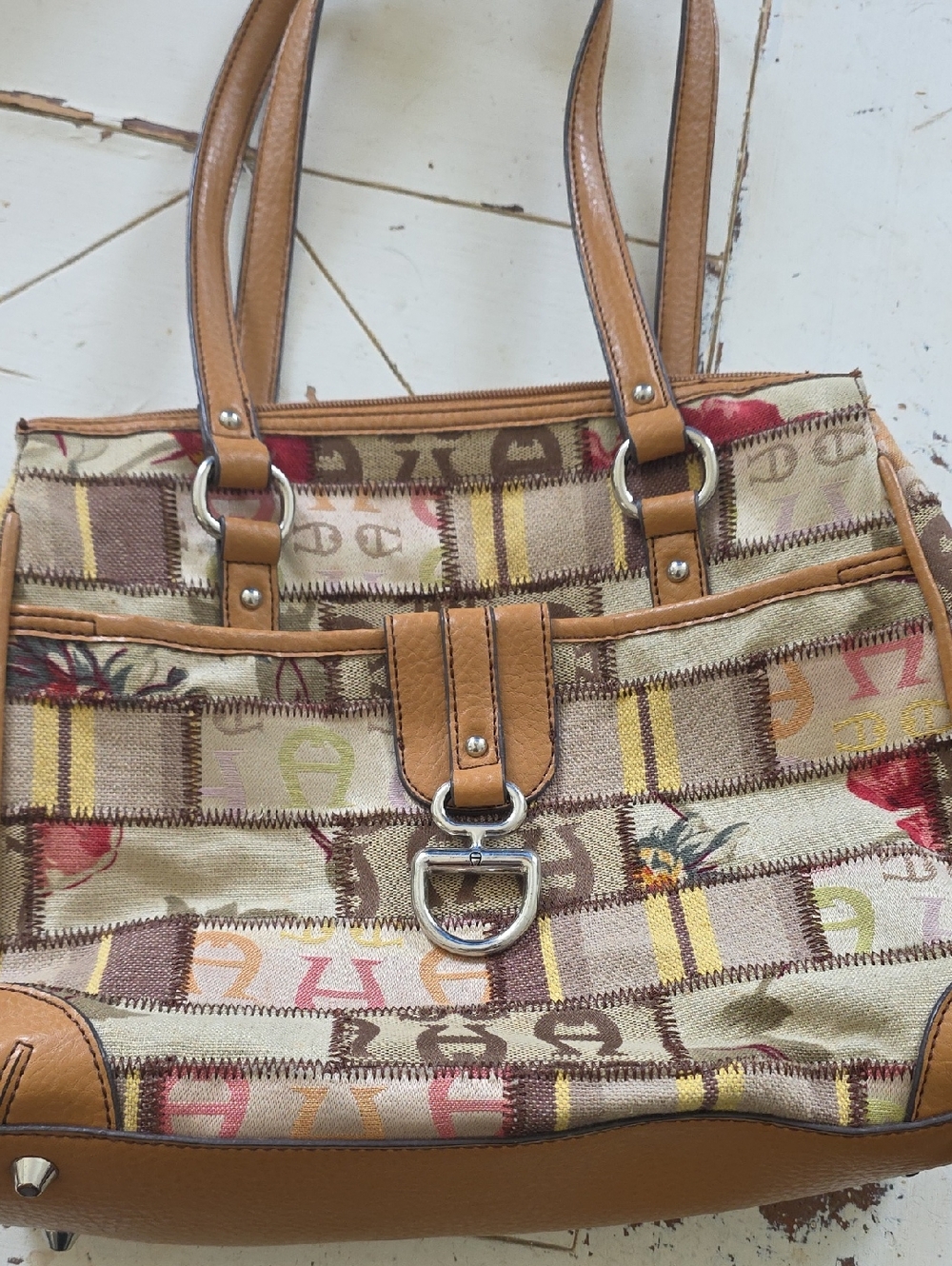 Vintage Etienne Aigner Multicolor Logo Patchwork Tote with Tan Trim
